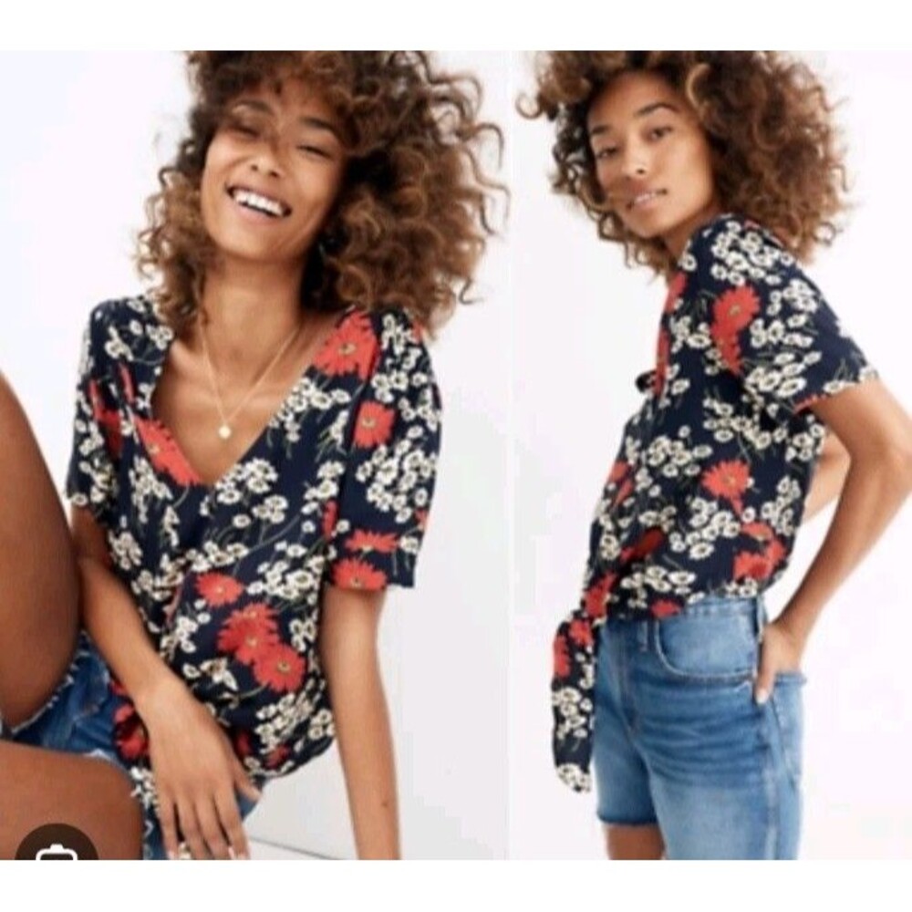 Madewell‎ Preppy Garden Girl Navy Blue Hillside Daises Short Sleeve SIZE XS